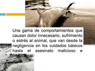 Una gama de comportamientos que
causan dolor innecesario, sufrimiento
o estrés al animal, que van desde la
negligencia en los cuidados básicos
hasta el asesinato malicioso e
intencional
 