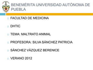 BENEMÉRITA UNIVERSIDAD AUTÓNOMA DE
    PUEBLA

   FACULTAD DE MEDICINA

   DHTIC

   TEMA: MALTRATO ANIMAL

   PROFESORA: SILVA SÁNCHEZ PATRICIA

   SÁNCHEZ VÁZQUEZ BERENICE

   VERANO 2012
 