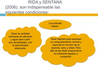 RIDA y SENTANA
(2006), son indispensable las
siguientes condiciones:

                          Los animals
                            deben:


   Tener la cantidad
 suficiente de alimento
   y agua para cubrir      Tener libertad para expresar
 sus necesidades, con      su comportamiento normal y
     la periodicidad          esencial en función de la
       adecuada.            especie, sexo y edad. Para
                           ello se les debe proporcionar
                               el suficiente espacio y
                                      compañía.
 