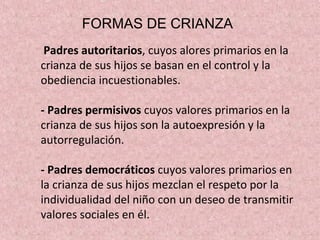 Padres autoritarios, cuyos alores primarios en la
crianza de sus hijos se basan en el control y la
obediencia incuestionables.
- Padres permisivos cuyos valores primarios en la
crianza de sus hijos son la autoexpresión y la
autorregulación.
- Padres democráticos cuyos valores primarios en
la crianza de sus hijos mezclan el respeto por la
individualidad del niño con un deseo de transmitir
valores sociales en él.
FORMAS DE CRIANZA
 