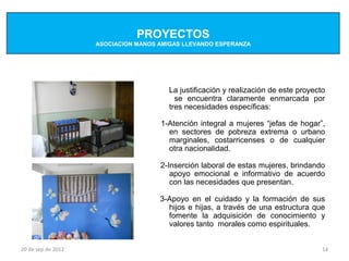 PROYECTOS
                    ASOCIACION MANOS AMIGAS LLEVANDO ESPERANZA




                                       La justificación y realización de este proyecto
                                         se encuentra claramente enmarcada por
                                       tres necesidades específicas:

                                     1-Atención integral a mujeres “jefas de hogar”,
                                       en sectores de pobreza extrema o urbano
                                       marginales, costarricenses o de cualquier
                                       otra nacionalidad.

                                     2-Inserción laboral de estas mujeres, brindando
                                        apoyo emocional e informativo de acuerdo
                                        con las necesidades que presentan.

                                     3-Apoyo en el cuidado y la formación de sus
                                       hijos e hijas, a través de una estructura que
                                       fomente la adquisición de conocimiento y
                                       valores tanto morales como espirituales.


20 de sep de 2012                                                                    14
 
