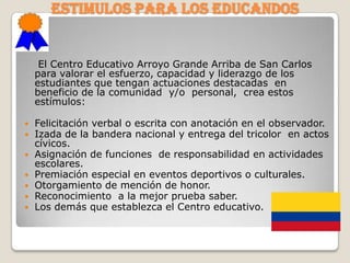 ESTIMULOS PARA LOS EDUCANDOS


     El Centro Educativo Arroyo Grande Arriba de San Carlos
    para valorar el esfuerzo, capacidad y liderazgo de los
    estudiantes que tengan actuaciones destacadas en
    beneficio de la comunidad y/o personal, crea estos
    estímulos:

   Felicitación verbal o escrita con anotación en el observador.
   Izada de la bandera nacional y entrega del tricolor en actos
    cívicos.
   Asignación de funciones de responsabilidad en actividades
    escolares.
   Premiación especial en eventos deportivos o culturales.
   Otorgamiento de mención de honor.
   Reconocimiento a la mejor prueba saber.
   Los demás que establezca el Centro educativo.
 