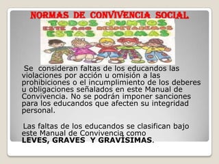 NORMAS DE CONVIVENCIA SOCIAL




Se consideran faltas de los educandos las
violaciones por acción u omisión a las
prohibiciones o el incumplimiento de los deberes
u obligaciones señalados en este Manual de
Convivencia. No se podrán imponer sanciones
para los educandos que afecten su integridad
personal.

Las faltas de los educandos se clasifican bajo
este Manual de Convivencia como
LEVES, GRAVES Y GRAVÍSIMAS.
 