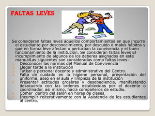 Faltas leves



Se consideran faltas leves aquellos comportamientos en que incurre
   el estudiante por desconocimiento, por descuido o malos hábitos y
   que en forma leve afectan o perturban la convivencia y el buen
   funcionamiento de la institución. Se consideran faltas leves El
   incumplimiento de algunos de los deberes asignados en este
   manualLas siguientes son consideradas como faltas leves:
1.    Desconocer las normas del Manual de Convivencia
2.    Llegar tarde a la institución
3.    Tutear a personal docente y administrativo del Centro.
4.    Falta de cuidado en la higiene personal, presentación del
      uniforme, aseo en el aula y limpieza de la institución
5.    Presentar actitudes groseras y desobediencia, manifestando
      desacuerdo con las ordenes establecidas por el docente o
      coordinador, así mismo, hacia compañeros de estudio.
6.    Comer dentro del salón en horas de clases.
7.    Incumplir reiterativamente con la Asistencia de los estudiantes
      al centro.
 