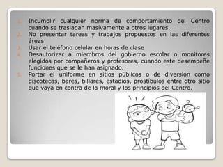 1.   Incumplir cualquier norma de comportamiento del Centro
     cuando se trasladan masivamente a otros lugares.
2.   No presentar tareas y trabajos propuestos en las diferentes
     áreas
3.   Usar el teléfono celular en horas de clase
4.   Desautorizar a miembros del gobierno escolar o monitores
     elegidos por compañeros y profesores, cuando este desempeñe
     funciones que se le han asignado.
5.   Portar el uniforme en sitios públicos o de diversión como
     discotecas, bares, billares, estadios, prostíbulos entre otro sitio
     que vaya en contra de la moral y los principios del Centro.
 