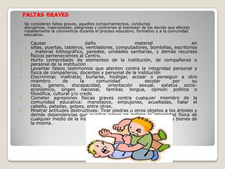 Faltas graves
     Se consideran faltas graves, aquellos comportamientos, conductas
     disruptivas, inapropiadas, peligrosas y contrarias al bienestar de los demás que afectan
     notablemente la convivencia durante el proceso educativo, formativo y a la comunidad
     educativa.

1.      Causar                      daño                 material                  en
        sillas, puertas, tableros, ventiladores, computadores, bombillas, escritorios
        , material bibliográfico, paredes, unidades sanitarias, y demás recursos
        físicos pertenecientes al Centro.
2.      Hurto comprobado de elementos de la institución, de compañeros o
        personal de la institución
3.      Levantar falsos testimonios que atenten contra la integridad personal y
        física de compañeros, docentes y personal de la institución
4.      Discriminar, maltratar, burlarse, hostigar, acosar o perseguir a otro
        miembro          de      la      comunidad           escolar      por      su
        raza,    genero,     discapacidad,   orientación  sexual,    estatus   socio-
        económico, origen nacional, familiar, lengua, opinión política o
        filosófica, cultural y/o credo.
5.      Cometer agresiones físicas graves contra cualquier miembro de la
        comunidad educativa: manotazos, empujones, acuelladas, halar el
        cabello, patadas, golpes, entre otras.
6.      Mostrar actitudes destructivas: Tirar piedras u otros objetos a los árboles y
        demás dependencias que puedan poner en peligro la integridad física de
        cualquier medio de la institución y causar daños materiales a los bienes de
        la misma.
 