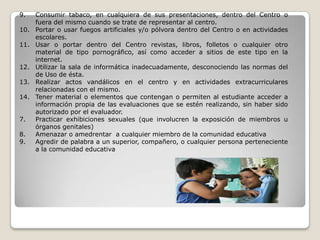 9.    Consumir tabaco, en cualquiera de sus presentaciones, dentro del Centro o
      fuera del mismo cuando se trate de representar al centro.
10.   Portar o usar fuegos artificiales y/o pólvora dentro del Centro o en actividades
      escolares.
11.   Usar o portar dentro del Centro revistas, libros, folletos o cualquier otro
      material de tipo pornográfico, así como acceder a sitios de este tipo en la
      internet.
12.   Utilizar la sala de informática inadecuadamente, desconociendo las normas del
      de Uso de ésta.
13.   Realizar actos vandálicos en el centro y en actividades extracurriculares
      relacionadas con el mismo.
14.   Tener material o elementos que contengan o permiten al estudiante acceder a
      información propia de las evaluaciones que se estén realizando, sin haber sido
      autorizado por el evaluador.
7.    Practicar exhibiciones sexuales (que involucren la exposición de miembros u
      órganos genitales)
8.    Amenazar o amedrentar a cualquier miembro de la comunidad educativa
9.    Agredir de palabra a un superior, compañero, o cualquier persona perteneciente
      a la comunidad educativa
 