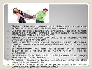 9.    Plagiar o utilizar como trabajo propio lo elaborado por otra persona,
      incurriendo en la violación de los derechos de autor.
10.   Copiarse de otro educando una evaluación.          En igual sanción
      incurrirá quien facilite, permita o tolere la copia de la evaluación
      realizada por parte de sus compañeros.
11.   Manejar un medio de transporte dentro de las instalaciones del
      Centro durante la jornada escolar.
12.   Portar armas tales como navajas, pistolas neumáticas, de balines,
      copas o cualquiera otra que posea similares características a las
      descritas.
13.   El incumplimiento por parte del educando en los acuerdos
      adquiridos en el Observador del Alumno y/o en el Acta de
      Compromiso.
14.   Presentarse al Centro bajo el efecto de bebidas alcohólicas o drogas
      alucinógenas, y/o distribuirlas.
15.   Apropiarse, esconder o destruir elementos del centro y/o útiles
      escolares de los compañeros.
16.   Adulterar o falsificar firmas de los padres o acudientes en las
      comunicaciones que sean remitidas a ellos.
 
