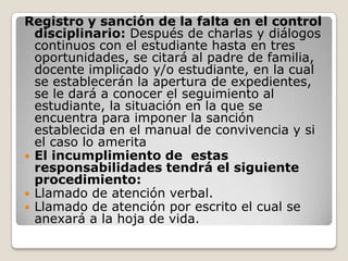 Registro y sanción de la falta en el control
  disciplinario: Después de charlas y diálogos
  continuos con el estudiante hasta en tres
  oportunidades, se citará al padre de familia,
  docente implicado y/o estudiante, en la cual
  se establecerán la apertura de expedientes,
  se le dará a conocer el seguimiento al
  estudiante, la situación en la que se
  encuentra para imponer la sanción
  establecida en el manual de convivencia y si
  el caso lo amerita
 El incumplimiento de estas
  responsabilidades tendrá el siguiente
  procedimiento:
 Llamado de atención verbal.
 Llamado de atención por escrito el cual se
  anexará a la hoja de vida.
 