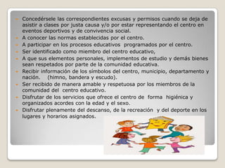    Concedérsele las correspondientes excusas y permisos cuando se deja de
    asistir a clases por justa causa y/o por estar representando el centro en
    eventos deportivos y de convivencia social.
   A conocer las normas establecidas por el centro.
   A participar en los procesos educativos programados por el centro.
   Ser identificado como miembro del centro educativo,
   A que sus elementos personales, implementos de estudio y demás bienes
    sean respetados por parte de la comunidad educativa.
   Recibir información de los símbolos del centro, municipio, departamento y
    nación. (himno, bandera y escudo).
   Ser recibido de manera amable y respetuosa por los miembros de la
    comunidad del centro educativo.
   Disfrutar de los servicios que ofrece el centro de forma higiénica y
    organizados acordes con la edad y el sexo.
   Disfrutar plenamente del descanso, de la recreación y del deporte en los
    lugares y horarios asignados.
 