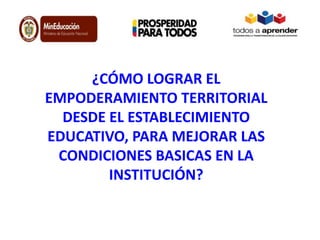 ¿CÓMO LOGRAR EL
EMPODERAMIENTO TERRITORIAL
DESDE EL ESTABLECIMIENTO
EDUCATIVO, PARA MEJORAR LAS
CONDICIONES BASICAS EN LA
INSTITUCIÓN?
 