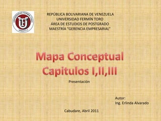  REPÚBLICA BOLIVARIANA DE VENEZUELA UNIVERSIDAD FERMÍN TORO ÁREA DE ESTUDIOS DE POSTGRADO MAESTRÍA “GERENCIA EMPRESARIAL”   Mapa Conceptual  Capitulos I,II,III Presentación Autor: Ing. Erlinda Alvarado Cabudare, Abril 2011 