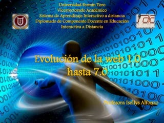 Universidad Fermín Toro
Vicerrectorado Académico
Sistema de Aprendizaje Interactivo a distancia
Diplomado de Componente Docente en Educación
Interactiva a Distancia
Evolución de la web 1.0
hasta 7.0
Profesora Isellys Alfonzo
 