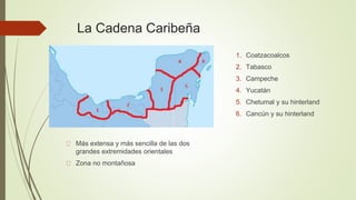 La Cadena Caribeña
Más extensa y más sencilla de las dos
grandes extremidades orientales
Zona no montañosa
1. Coatzacoalcos
2. Tabasco
3. Campeche
4. Yucatán
5. Chetumal y su hinterland
6. Cancún y su hinterland
 