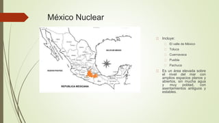 México Nuclear
Incluye:
El valle de México
Toluca
Cuernavaca
Puebla
Pachuca
Es un área elevada sobre
el nivel del mar con
amplios espacios planos y
abiertos, sin mucha agua
y muy poblad, con
asentamientos antiguos y
estables.
 