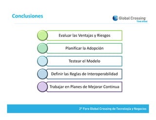 Conclusiones


                   Evaluar las Ventajas y Riesgos
                                    j y       g

                       Planificar la Adopción

                         Testear el Modelo

               Definir las Reglas de Interoperabilidad

               Trabajar en Planes de Mejorar Continua
 