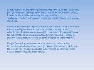 El departamento Cordillera es principalmente agrícola. Produce algodón,
piña (ananá),arroz, naranjo agrio, maíz, caña de azúcar, banana, cafeto,
locote, frutilla, mandarina, arveja, limón y ka'a he'e.
También es productor de tomate, zanahoria, pomelo, limón sutil, maní y
mandioca.
Se destaca también por la producción avícola a nivel nacional y en menor
escala, se cría ganado vacuno, porcino, ovino, equino y caprino.
Además este departamento es uno de los que concentra más artesanos,
los cuales trabajan en una gran variedad de rubros como el tallado de
madera, la cerámica, la cestería así como trabajos en cuero y textiles.
El lago Ypacaraí atrae a numerosos turistas en la ciudad de San
Bernardino, principal centro veraniego del país. En Caacupé y Piribebuy,
los arroyos Ytú y Yhaguy Guazú, los saltos Amambay, Piraretá y Siete
Caídas, presentan gran belleza natural.
 