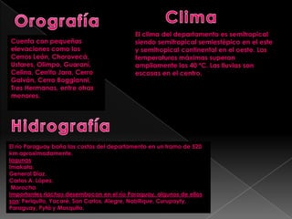 Cuenta con pequeñas
elevaciones como los
Cerros León, Chorovecá,
Ustares, Olimpo, Guaraní,
Celina, Cerrito Jara, Cerro
Galván, Cerro Boggianni,
Tres Hermanas, entre otras
menores.
El río Paraguay baña las costas del departamento en un tramo de 520
km aproximadamente.
lagunas
Imakata.
General Díaz.
Carlos A. López.
Morocha
Importantes riachos desembocan en el río Paraguay, algunos de ellos
son: Periquito, Yacaré, San Carlos, Alegre, Nabilique, Curupayty,
Paraguay, Pytá y Mosquito.
El clima del departamento es semitropical
siendo semitropical semiestépico en el este
y semitropical continental en el oeste. Las
temperaturas máximas superan
ampliamente los 40 ºC. Las lluvias son
escasas en el centro.
 