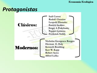 Economía Ecológica

Protagonistas
Clásicos:

Modernos:

Sadi Camot
Rudolf Clausius
Leopold Pfaunder
Patrick Geddes
Sergei A Podelinsky
Popper Lynkeus
Frederick Suddy

Nicholas Georgesca Roegen
Herman E. Daly
Kenneth Boulding
Kart W. Kapp
Robert Ayres
Alfred Lufka

 