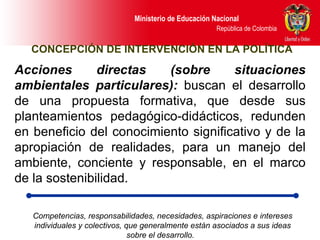 Acciones directas (sobre situaciones ambientales particulares):  buscan el desarrollo de una propuesta formativa, que desde sus planteamientos pedagógico-didácticos, redunden en beneficio del conocimiento significativo y de la apropiación de realidades, para un manejo del ambiente, conciente y responsable, en el marco de la sostenibilidad. CONCEPCIÓN DE INTERVENCIÓN EN LA POLÍTICA Competencias, responsabilidades, necesidades, aspiraciones e intereses individuales y colectivos, que generalmente están asociados a sus ideas sobre el desarrollo.  