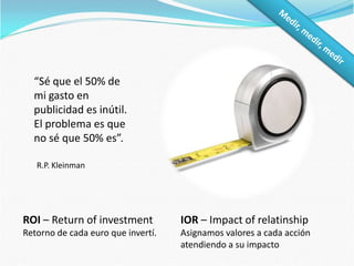 8 recomendacionesTen en cuenta…El producto es el marketing1Si no tienes un producto estrella, ofrece algo diferente… único.2No esponsorices el entretenimiento, se el entretenimiento3Ofrece algo que sirva a la comunidad4Sorprende a tu público para captar su atención5Pónselo fácil para que reenvíen tu mensaje6Engancha a los líderes de opinión Una minoría de blogueros generan la mayoría de opinión7Bastante difícil es ser uno mismo, como para intentar ser otro.8