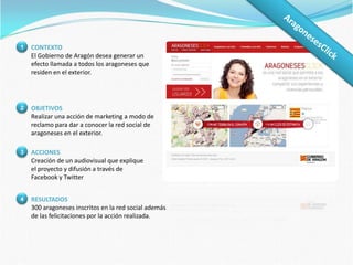 CultouringCONTEXTOA la luz de la candidatura Zaragoza 2016 se desea generar una corriente cultural nacida de la calle, desde abajo. Una cultura participativa, de todos.1OBJETIVOSCrear un concepto creativo y una campaña de marketing que promocione esta forma de ver y vivir la cultura en Europa.2ACCIONESCreación del concepto creativo CultouringCreación de una red cultural europea y difusión a través de las redes sociales.3RESULTADOSEn breve lo sabremos4