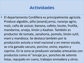 • El departamento Cordillera es principalmente agrícola.
Produce algodón, piña (ananá),arroz, naranjo agrio,
maíz, caña de azúcar, banana, cafeto, locote, frutilla,
mandarina, arveja, limón y Kaahee. También es
productor de tomate, zanahoria, pomelo, limón sutil,
maní y mandioca. Se destaca también por la
producción avícola a nivel nacional y en menor escala,
se cría ganado vacuno, porcino, ovino, equino y
caprino. En la zona se producen variadas artesanías con
productos como el "encaje ju», ponchos de setenta
listas, repujado en cuero, trabajos enmadera y otros.
 