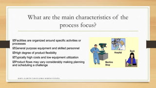 What are the main characteristics of the 
process focus? 
Facilities are organized around specific activities or 
processes 
General purpose equipment and skilled personnel 
High degree of product flexibility 
Typically high costs and low equipment utilization 
Product flows may vary considerably making planning 
and scheduling a challenge 
MARTA ALARCÓN TAMAYO JORGE MORENO FUENTES 
 