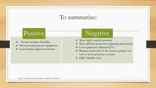 To summarize: 
Positive Negative 
 Greater product flexibility 
 More general propose equipment 
 Lower initial capital investment 
MARTA ALARCÓN TAMAYO JORGE MORENO FUENTES 
 More highly trained personal 
 More difficult production planning and control 
 Low equipment utilization(5%) 
 Requires more time if the system operates on 
one or more processes at a time 
 High Variable costs 
 