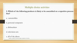 Multiple choice activities 
5. Which of the following products is likely to be assembled on a repetitive process 
line? 
a. automobiles 
b. personal computers 
c. dishwashers 
d. television sets 
e. all of the above 
MARTA ALARCÓN TAMAYO JORGE MORENO FUENTES 
 