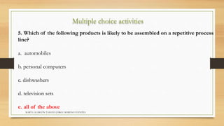 Multiple choice activities 
5. Which of the following products is likely to be assembled on a repetitive process 
line? 
a. automobiles 
b. personal computers 
c. dishwashers 
d. television sets 
e. all of the above 
MARTA ALARCÓN TAMAYO JORGE MORENO FUENTES 
 