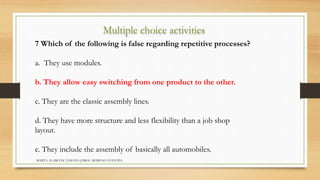 Multiple choice activities 
7 Which of the following is false regarding repetitive processes? 
a. They use modules. 
b. They allow easy switching from one product to the other. 
c. They are the classic assembly lines. 
d. They have more structure and less flexibility than a job shop 
layout. 
e. They include the assembly of basically all automobiles. 
MARTA ALARCÓN TAMAYO JORGE MORENO FUENTES 
 
