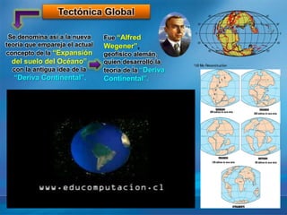 Se denomina así a la nueva
teoría que empareja el actual
concepto de la “Expansión
del suelo del Océano”
con la antigua idea de la
“Deriva Continental”.
Fue “Alfred
Wegener”,
geofísico alemán,
quien desarrolló la
teoría de la “Deriva
Continental”.
 