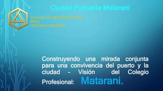 Construyendo una mirada conjunta
para una convivencia del puerto y la
ciudad – Visión del Colegio
Profesional: Matarani.
COLEGIO DE ARQUITECTOS DEL
PERU
REGIONAL AREQUIPA
Ciudad Portuaria Matarani
 