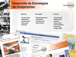 Desarrollo de Estrategias  de Compromiso Objetivos Compromiso Motivación Participación Educación Difusión Estrategias Márketing Interno Publicidad Coordinación Líder Interno Acciones Capacitación Información Charlas News Latter Librero Médico Incentivos Página WEB Lugar: _________________________ Fecha: __________Hora:__________ PUNTOPERSONAL® EVALUACIÓN DE Salud Porque tu salud nos interesa … Dale una vuelta a tu Salud !!! Tu empresa   te invita a participar de la Evaluación de fortalezas y riesgos en Salud. Lugar______________________________ Fecha_____________ Hora____________ 