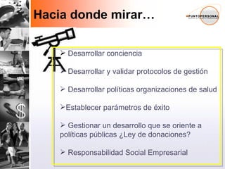 Hacia donde mirar… Desarrollar conciencia Desarrollar y validar protocolos de gestión Desarrollar políticas organizaciones de salud Establecer parámetros de éxito Gestionar un desarrollo que se oriente a políticas públicas ¿Ley de donaciones? Responsabilidad Social Empresarial 