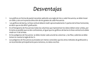 Desventajas
•   Los gráficos en forma de pastel necesitan aplicarle una regla de tres a cada frecuencia, se debe trazar
    un radio y otro en la precisa dirección de los grados de cada frecuencia.
•    Los gráficos de barras, la línea vertical deberá medir aproximadamente ¾ partes de la línea horizontal,
    es decir que es de difícil graficación.
•   En el histograma de frecuencias todas las columnas que representan los datos deben estar unidas, por
    lo tanto es posible que se den confusiones, al igual que los gráficos de barras la línea vertical se la debe
    medir en ¾ de la línea.
•   En los polígonos de frecuencia se debe rotular cada una de las columnas y las filas y además se debe
    tomar en cuenta la regla de los ¾.
•   Los polígonos de frecuencia acumulada son menos conocidos que los otros métodos de graficación y
    se recomiendan principalmente para números, no datos escritos
 