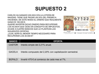 SUPUESTO 2
CARLOS HA GANADO 200.000 € EN LA LOTERÍA DE
NAVIDAD. TIENE QUE PAGAR UN 20% DEL PREMIO A
HACIENDA. DE ESTE MODO EL DINERO QUE REALMENTE
GANA ES 160.000 €.
QUIERE INVERTIR DICHO DINERO PARA RECUPERAR
LOS 40.000 € QUE CEDE EN CONCEPTO DE IMPUESTOS.
ACUDE A CUATRO BANCOS QUE LE PLANTEAN LAS
SIGUIENTES OFERTAS.
¿CUÁL SERÁ EL MENOR TIEMPO NECESARÍO PARA
RECUPERAR LOS 40.000 €?
BANCO OFERTA
CASTOR Interés simple del 2,21% anual.
GACELA Interés compuesto del 2,20% con capitalización semestral.
BÚFALO Invertir 475 € al comienzo de cada mes al 7%.
 