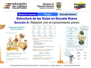 Material Impreso                            Propio                     Escuela Nueva
        Estructura de las Guías en Escuela Nueva
       Sección A: Relación con el conocimiento previo




Tomado de Ministerio de Educación Nacional (2011). Escuela nueva 3: Lenguaje. Bogotá, D.C., Colombia: Imprenta Nacional.
 