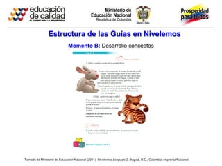 Estructura de las Guías en Nivelemos
                              Momento B: Desarrollo conceptos




Tomado de Ministerio de Educación Nacional (2011). Nivelemos Lenguaje 2. Bogotá, D.C., Colombia: Imprenta Nacional.
 