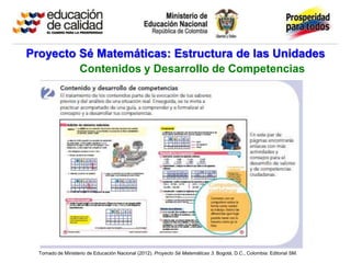 Proyecto Sé Matemáticas: Estructura de las Unidades
         Contenidos y Desarrollo de Competencias




  Tomado de Ministerio de Educación Nacional (2012). Proyecto Sé Matemáticas 3. Bogotá, D.C., Colombia: Editorial SM.
 