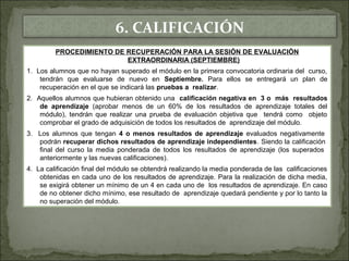6. CALIFICACIÓN 
PROCEDIMIENTO DE RECUPERACIÓN PARA LA SESIÓN DE EVALUACIÓN 
EXTRAORDINARIA (SEPTIEMBRE) 
1. Los alumnos que no hayan superado el módulo en la primera convocatoria ordinaria del curso, 
tendrán que evaluarse de nuevo en Septiembre. Para ellos se entregará un plan de 
recuperación en el que se indicará las pruebas a realizar. 
2. Aquellos alumnos que hubieran obtenido una calificación negativa en 3 o más resultados 
de aprendizaje (aprobar menos de un 60% de los resultados de aprendizaje totales del 
módulo), tendrán que realizar una prueba de evaluación objetiva que tendrá como objeto 
comprobar el grado de adquisición de todos los resultados de aprendizaje del módulo. 
3. Los alumnos que tengan 4 o menos resultados de aprendizaje evaluados negativamente 
podrán recuperar dichos resultados de aprendizaje independientes. Siendo la calificación 
final del curso la media ponderada de todos los resultados de aprendizaje (los superados 
anteriormente y las nuevas calificaciones). 
4. La calificación final del módulo se obtendrá realizando la media ponderada de las calificaciones 
obtenidas en cada uno de los resultados de aprendizaje. Para la realización de dicha media, 
se exigirá obtener un mínimo de un 4 en cada uno de los resultados de aprendizaje. En caso 
de no obtener dicho mínimo, ese resultado de aprendizaje quedará pendiente y por lo tanto la 
no superación del módulo. 
