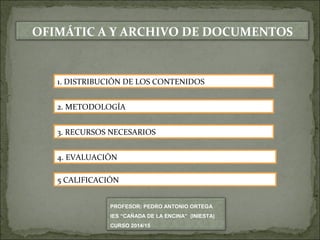 OFIMÁTIC A Y ARCHIVO DE DOCUMENTOS 
1. DISTRIBUCIÓN DE LOS CONTENIDOS 
2. METODOLOGÍA 
3. RECURSOS NECESARIOS 
4. EVALUACIÓN 
5 CALIFICACIÓN 
PROFESOR: PEDRO ANTONIO ORTEGA 
IES “CAÑADA DE LA ENCINA” (INIESTA) 
CURSO 2014/15 
 