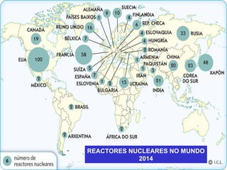 PRODUCIÓN ENERXÍA NUCLEAR MUNDO
País Reactores Potencia (Mw)
Potencia media
por reactor
EEUU 104 100.747 969
Francia 58 63.610 1097
Xapón 54 46.821 867
Rusia 32 22.693 709
Corea do Sur 21 18.698 890
India 20 4.391 220
Reino Unido 19 10.137 534
Canadá 18 12.565 698
Alemaña 17 20.490 1205
Ucraína 15 13.107 874
China 13 10.058 774
Suecia 10 9.298 930
España 8 7.514 939
 