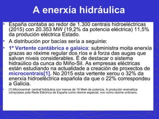 Produción de enerxías renovables (1990-2014)
0
1.000
2.000
3.000
4.000
5.000
6.000
1990 2000 2005 2010 2014
Ktep
Minihidráulica (<10 MW) Hidraúlica (>10 MW) Eólica Biomasa
Biogás Biocarburantes RSU Solar térmica
Solar fotovoltaica Solar termoeléctrica Xeotermia
1990 2000 2005 2010 2014 %
Minihidráulica (<10 MW) 184 380 345 567 616 3,6%
Hidraúlica (>10 MW) 2.019 2.155 1.237 3.071 2.745 16,1%
Eólica 1 406 1.821 3.807 4.495 26,3%
Biomasa 3.753 3.443 4.175 4.560 4.857 28,4%
Biogás 0 73 299 277 171 1,0%
Biocarburantes 0 51 256 1.413 969 5,7%
RSU 0 227 189 174 119 0,7%
Solar térmica 22 31 61 183 258 1,5%
Solar fotovoltaica 0 2 3,5 553 705 4,1%
Solar termoeléctrica 0 0 0 299 2.142 12,5%
Xeotermia 3 8 7 16 20 0,1%
Total 5.982 6.776 8.393,5 14.920 17.097
 
