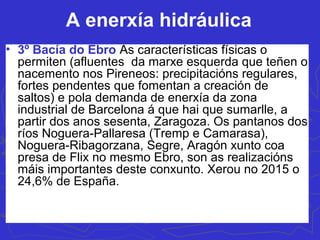 1. Encoro
2. Presa
3. Reixas
filtradoras
4. Tubería forzada
5. Conxunto grupos
tubina-alternador
6. Turbina
hidráulica
7. Eixo
8. Xerador eléctrico
9. Transformadores
10. Liñas de
transporte de
enerxía electrica
 