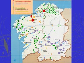 A produción enerxética en Galicia
A enerxía eólica e outras fontes
• A gran novidade enerxética está na enerxía eólica. Galicia tiña ata o
ano 2016, 161 parques eólicos e 3.330 MW de potencia instalada. A
serra do Xistral, a dorsal Occidental, a serra da Capelada, a Costa da
Morte e o Barbanza son as áreas onde hai maior concentración de
parques, moitos deles con potencia de ata 50 MW.
• A biomasa xerada a partir dos residuos forestais, aceites e
pneumáticos aumentou nos últimos anos. É moi recomendable
potenciar este tipo de enerxía para fomentar a limpeza do monte
galego e así frear os incendios forestais.
• A coxeración é un sector que está a medrar. 108 empresas galegas,
sobre todo no sector enerxético e madeireiro participaron na xeración
de enerxía eléctrica.
• Na Comunidade Autónoma non hai centrais nucleares pese ao intento
de introducir a finais dos anos setenta en Xove (Lugo).
 