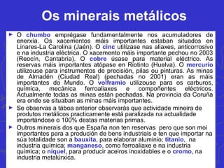 Os minerais metálicos
► O chumbo emprégase fundamentalmente nos acumuladores de
enerxía. Os xacementos máis importantes estaban situados en
Linares-La Carolina (Jaén). O cinc utilízase nas aliaxes, anticorrosivo
e na industria eléctrica. O xacemento máis importante pechou no 2003
(Reocín, Cantabria). O cobre úsase para material eléctrico. As
reservas máis importantes atópase en Riotinto (Huelva). O mercurio
utilizouse para instrumentos de precisión, pilas ou pinturas. As minas
de Almadén (Ciudad Real) (pechadas no 2001) eran as máis
importantes do Mundo. O volframio utilizouse para os carburos,
química, mecánica ferroaliaxes e compoñentes eléctricos.
Actualmente todas as minas están pechadas. Na provincia da Coruña
era onde se situaban as minas máis importantes.
► Se observas a táboa anterior observarás que actividade mineira de
produtos metálicos practicamente está paralizada na actualidade
importándose o 100% destas materias primas.
► Outros minerais dos que España non ten reservas pero que son moi
importantes para a produción de bens industriais e ten que importar na
súa totalidade son a bauxita, para elaborar aluminio; titanio, na
industria química; manganeso, como ferroaliaxe e na industria
química; o níquel, para producir aceiros inoxidables e o cromo, na
industria metalúrxica.
 