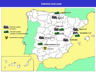 NUCLEARES FUNC. CESE MW
ZORITA-GUADALAJARA 1968 2006 160
GAROÑA-BURGOS 1971 2009[1] 466
ASCÓ I-TARRAGONA 1982 1.033
ASCÓ II-TARRAGONA 1985 1.027
VANDELLÓS-I TARRAGONA 1972 1989 480
VANDELLÓS-II TARRAGONA 1988 1.087
COFRENTES-VALENCIA 1984 1.092
ALMARAZ I-CÁCERES 1980 980
ALMARAZ II-CÁCERES 1983 984
TRILLO I-GUADALAJARA 1987 1.043
TRILLO II-GUADALAJARA MORATORIA
VALDECABALLEROS I-BADAJOZ MORATORIA
VALDECABALLEROS II-BADAJOZ MORATORIA
LEMÓNIZ I-VIZCAYA MORATORIA
LEMÓNIZ II-VICAYA MORATORIA
FTE. REE.
Elaboración
propia
 