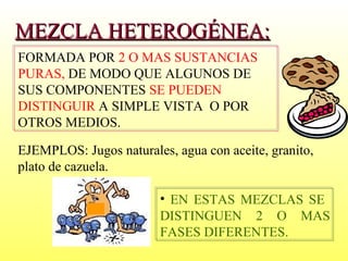 MEZCLA HETEROGÉNEA: FORMADA POR  2 O MAS SUSTANCIAS PURAS,  DE MODO QUE ALGUNOS DE SUS COMPONENTES  SE PUEDEN DISTINGUIR  A SIMPLE VISTA  O POR OTROS MEDIOS. EN ESTAS MEZCLAS SE  DISTINGUEN 2 O MAS FASES DIFERENTES. EJEMPLOS: Jugos naturales, agua con aceite, granito, plato de cazuela. 